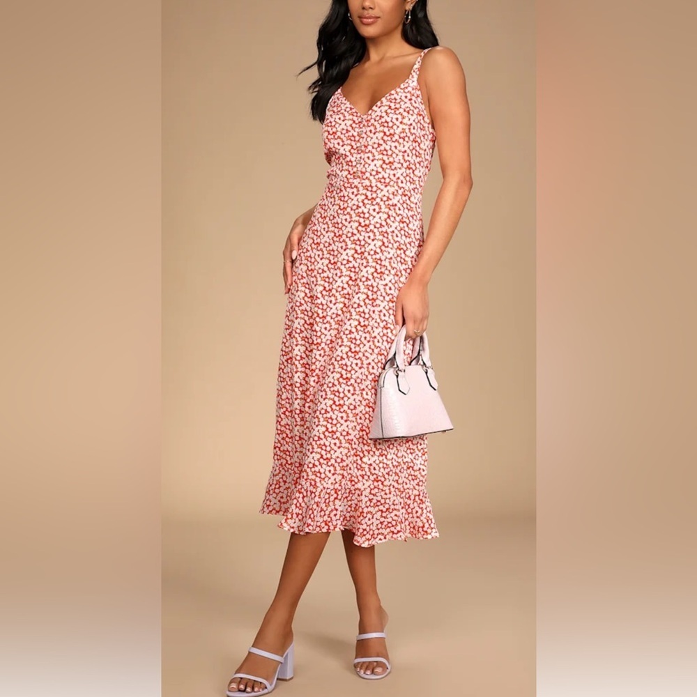 Lulus Darling Daisies Red Floral Print Midi Dress